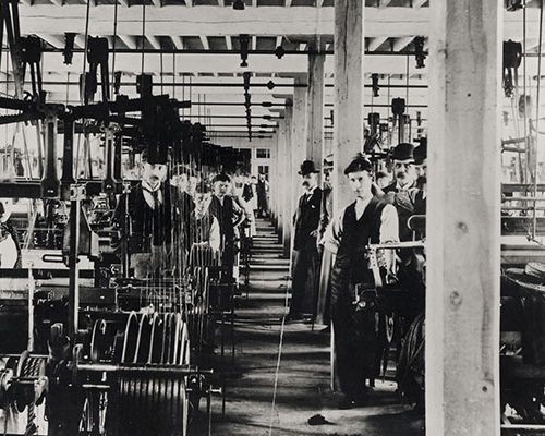 Silk mill staff in factory, dobby weaving