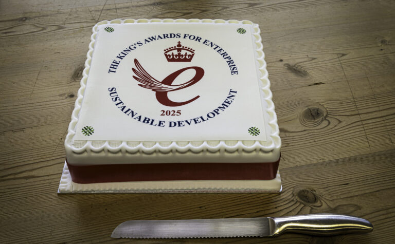 White rectangular cake with red ribbon around edge and printed decoration on top featuring King's Award for Enterprise logo and Sudbury Silk Mills logo, with knife next to cake on table
