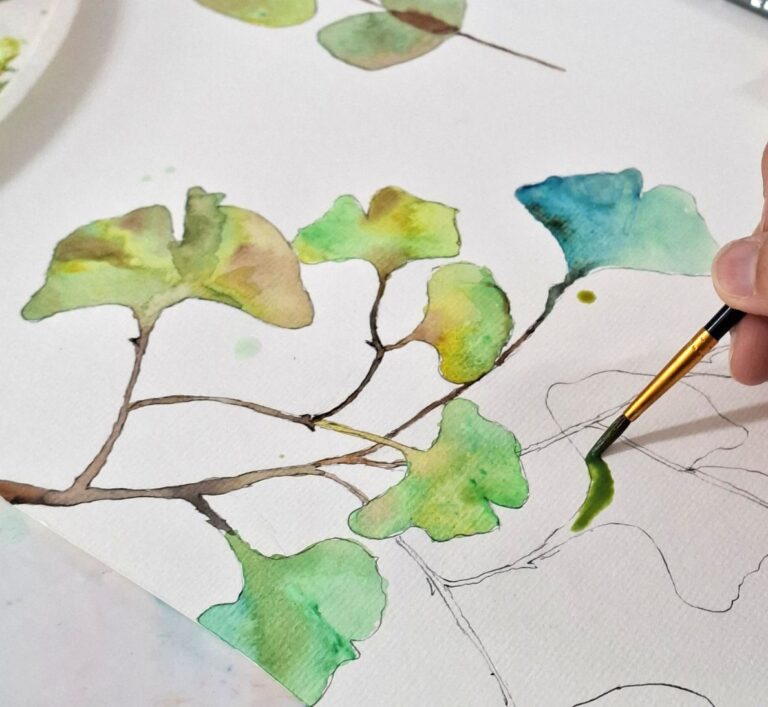 Watercolour painting for textile collection, with a long stem and blue and green fan shape leaves